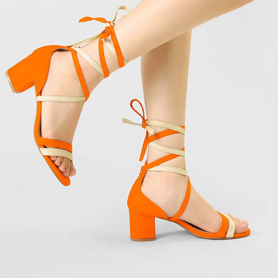Open Toe Color Block Heel Lace Up Sandals
