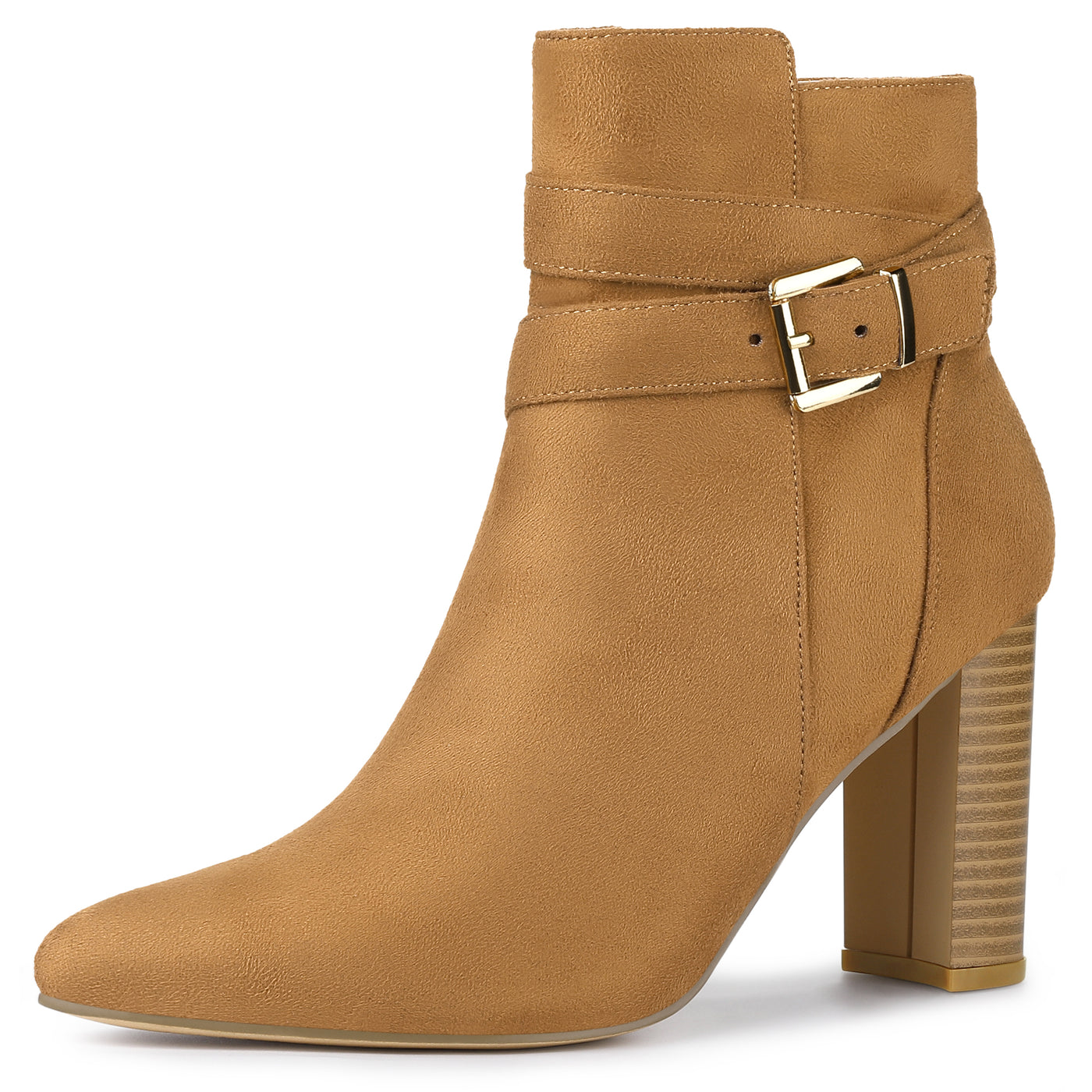 Allegra K Pointed Toe Buckle Decor Chunky Heel Ankle Boots