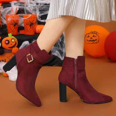 Pointed Toe Buckle Decor Chunky Heel Ankle Boots