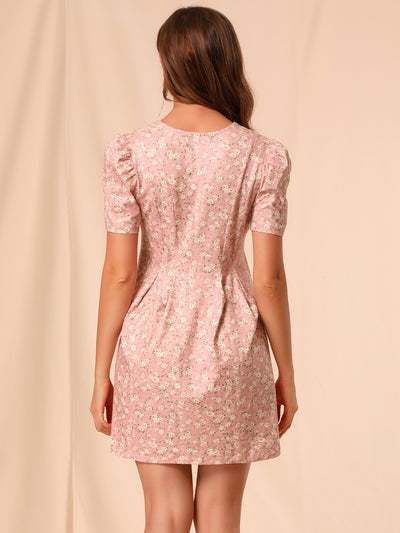 Summer Sundress V Neck Tie Front Puff Sleeve Floral Short Mini Dress
