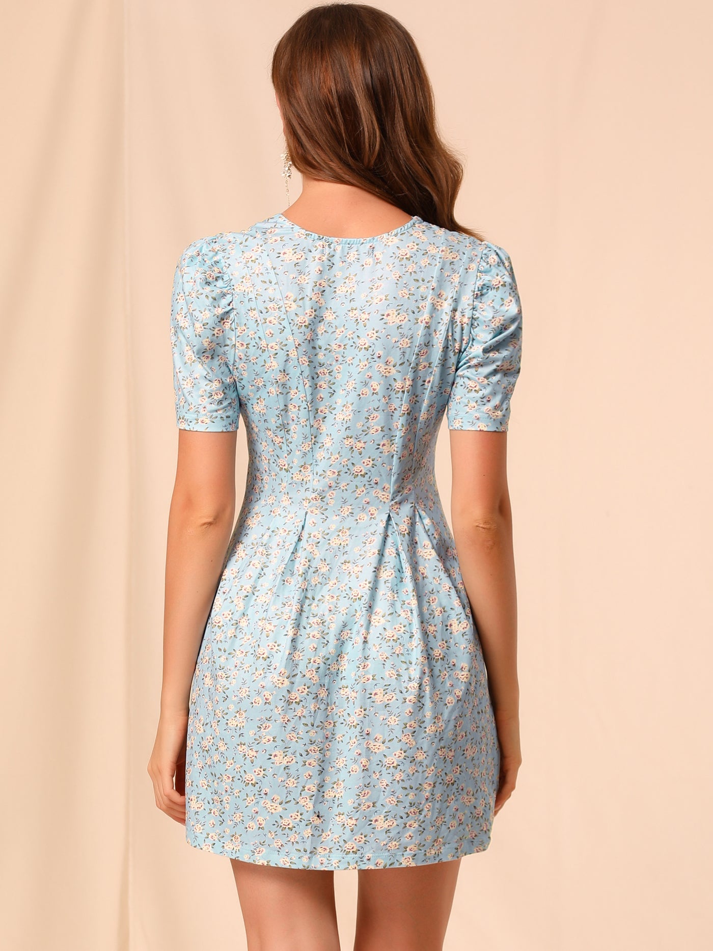 Allegra K Summer Sundress V Neck Tie Front Puff Sleeve Floral Short Mini Dress