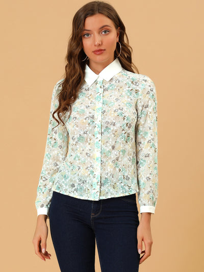 Contrast Collar Shirt Chiffon Vintage Lace Embroidered Floral Blouse