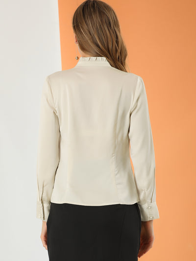Ruffled Stand Collar Shirt Long Sleeve Button Elegant Satin Blouse