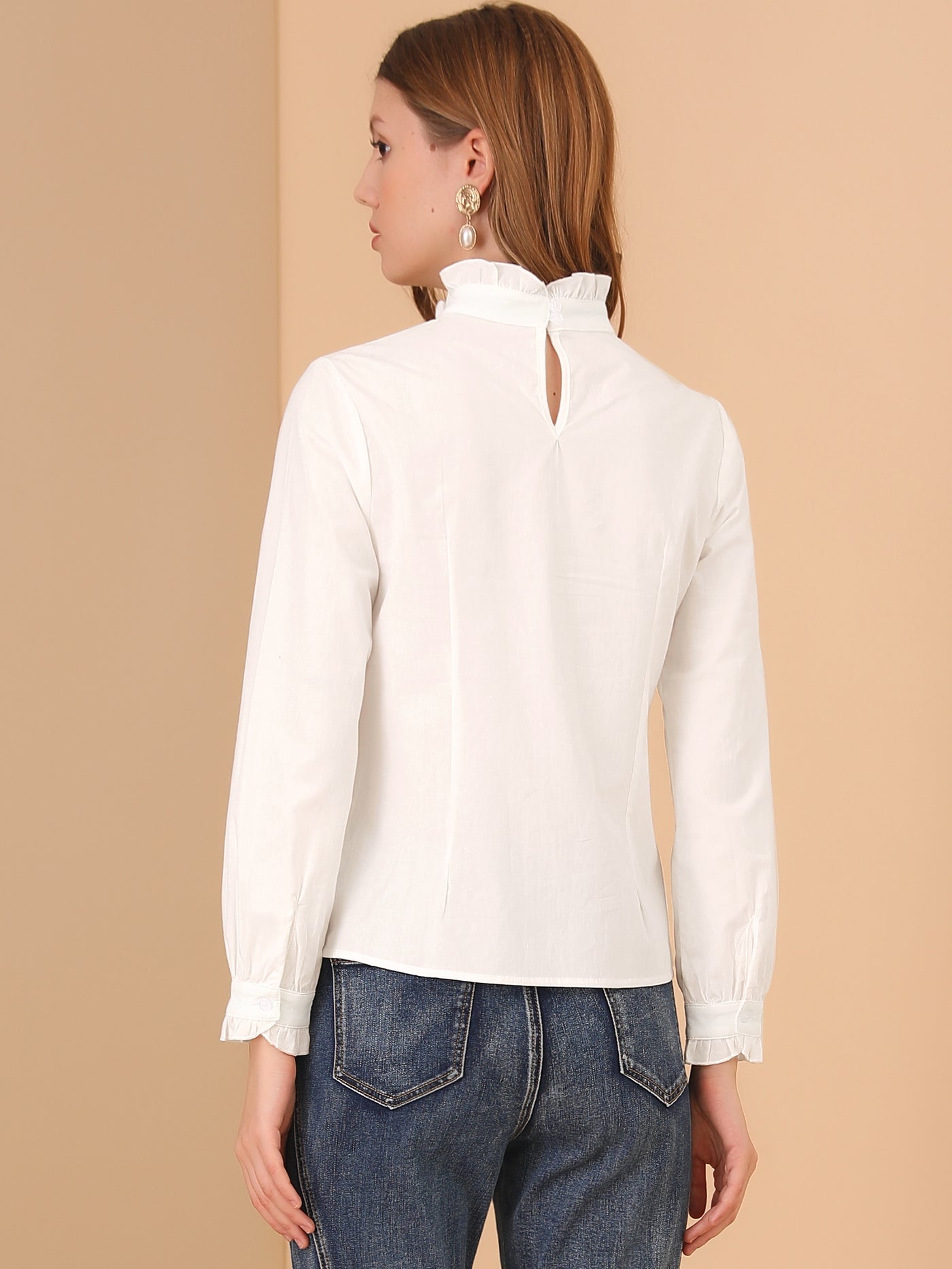 Allegra K Cotton Shirt Ruffle Mock Neck Lace Peasant Long Sleeve Tops