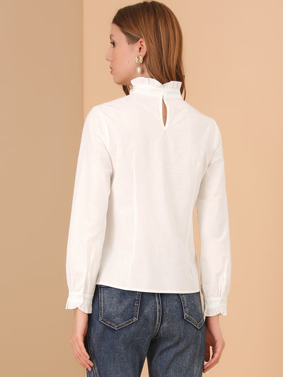 Cotton Shirt Ruffle Mock Neck Lace Peasant Long Sleeve Tops