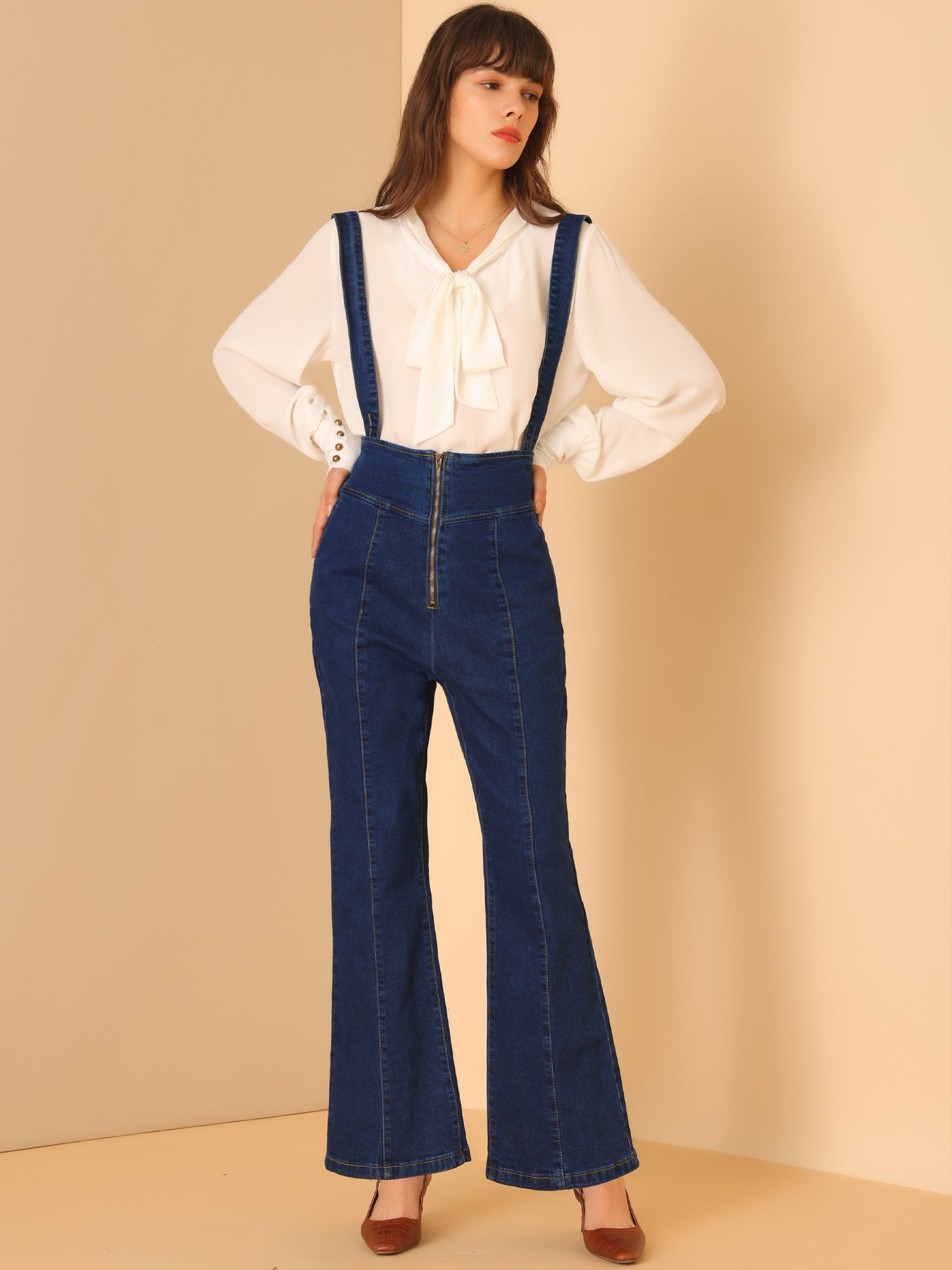 Allegra K Bell Bottoms Overalls Long Vintage Flare Jeans Denim Pants