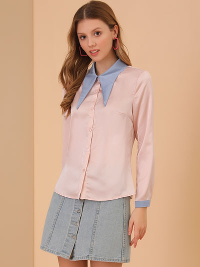 Long Sleeve Contrast Color Collared Button Down Satin Shirt Blouse