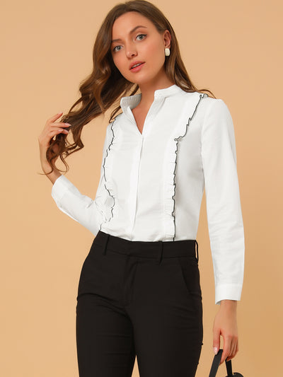 Women's Ruffle Front Shirts Long Sleeve Stand Collar Button Down Fitted Work Office Tops