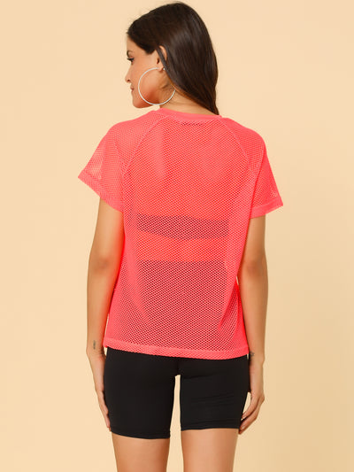 Mesh T-Shirt Fishnet Cover Up Raglan Sleeve Party Club Sheer Top