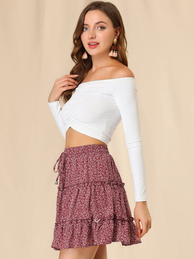 Flared High Waist with Drawstring Floral Ruffle Mini Skirt