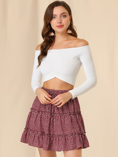 Flared High Waist with Drawstring Floral Ruffle Mini Skirt