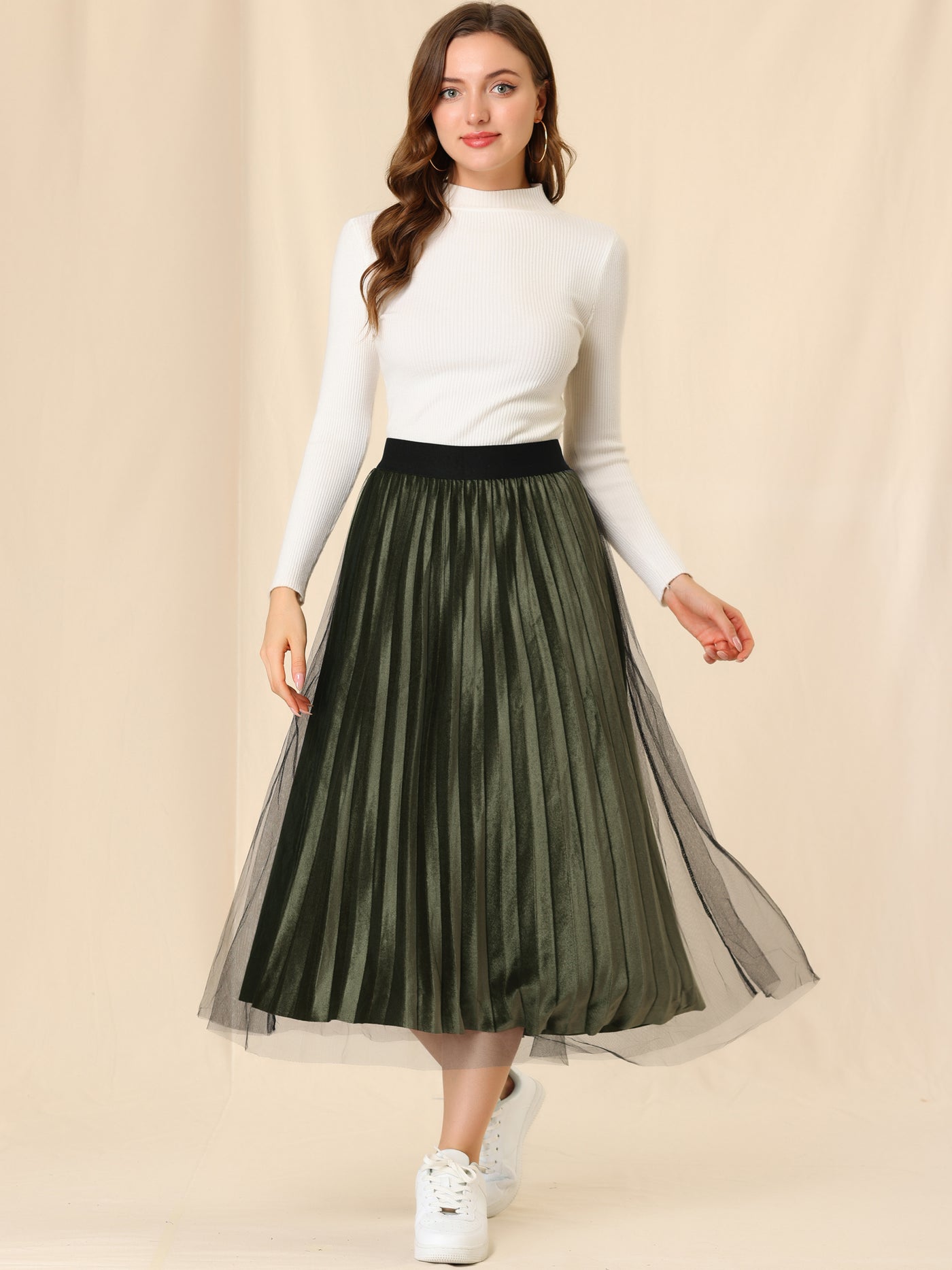 Allegra K Mesh Accordion Pleated Elastic Waist Midi Tulle Velvet Skirt