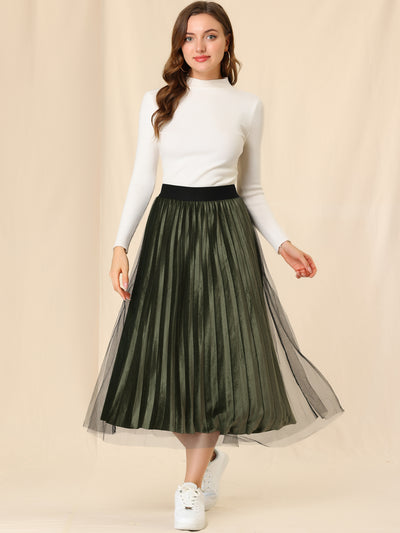 Mesh Accordion Pleated Elastic Waist Midi Tulle Velvet Skirt