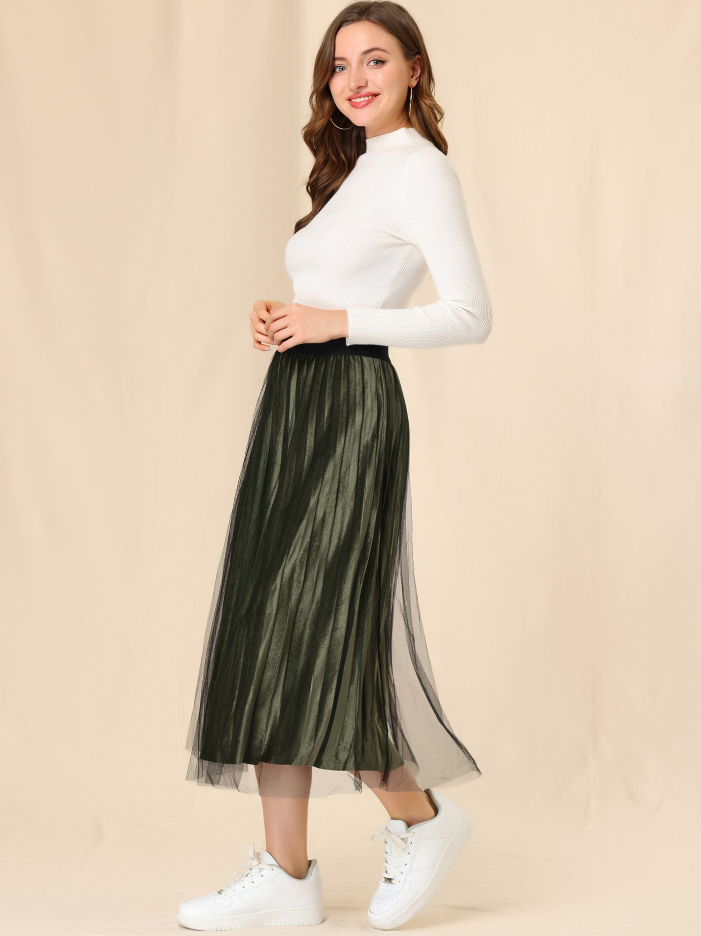Allegra K Mesh Accordion Pleated Elastic Waist Midi Tulle Velvet Skirt