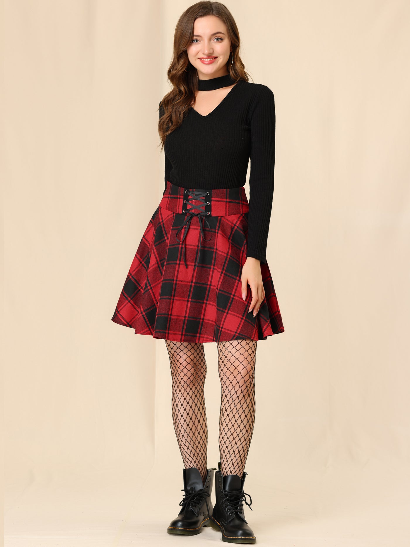 Allegra K Plaid Lace Up Pleated High Waist A-Line Short Skirt