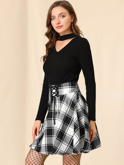Plaid Lace Up Pleated High Waist A-Line Short Skirt