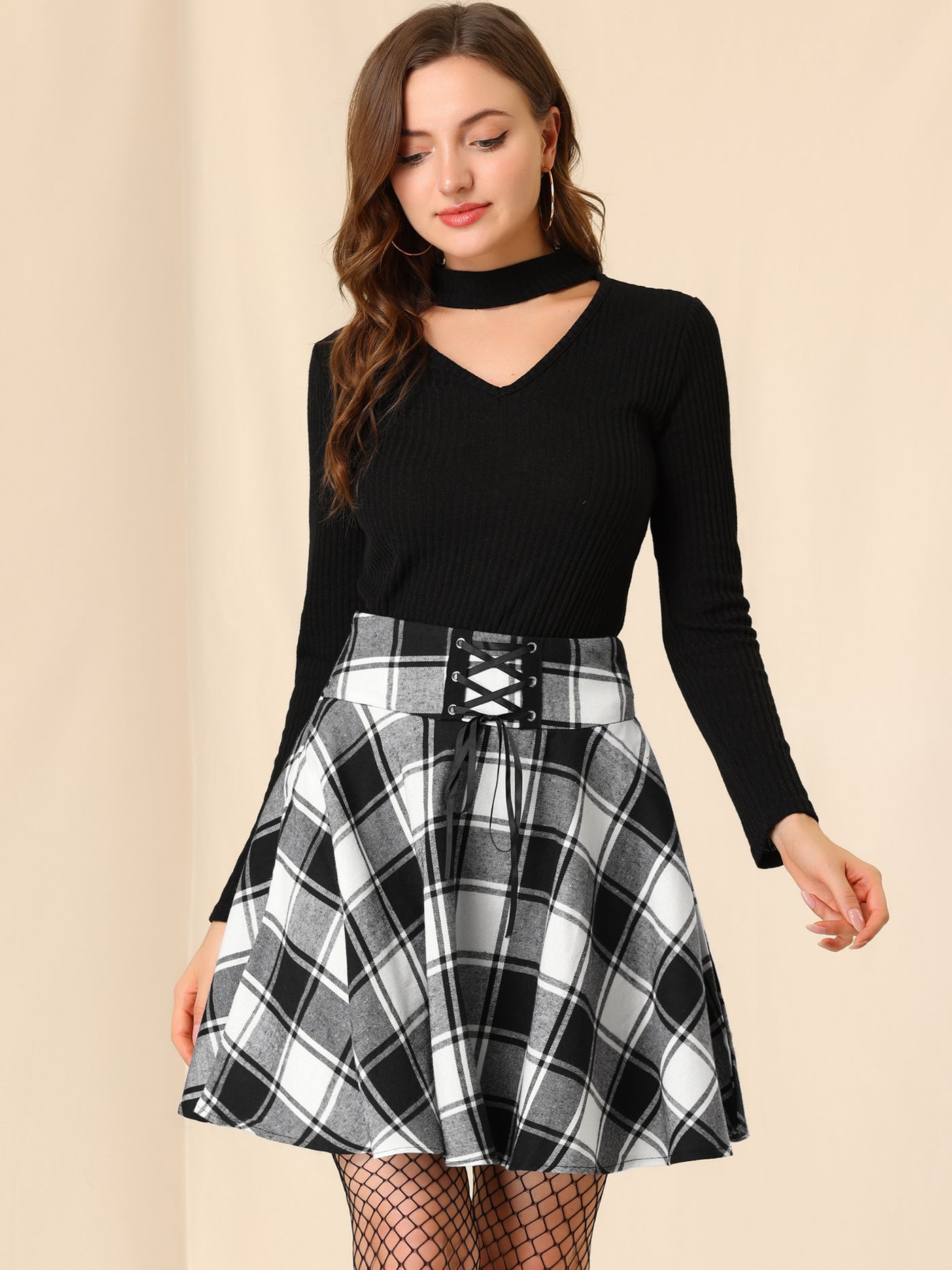 Allegra K Plaid Lace Up Pleated High Waist A-Line Short Skirt