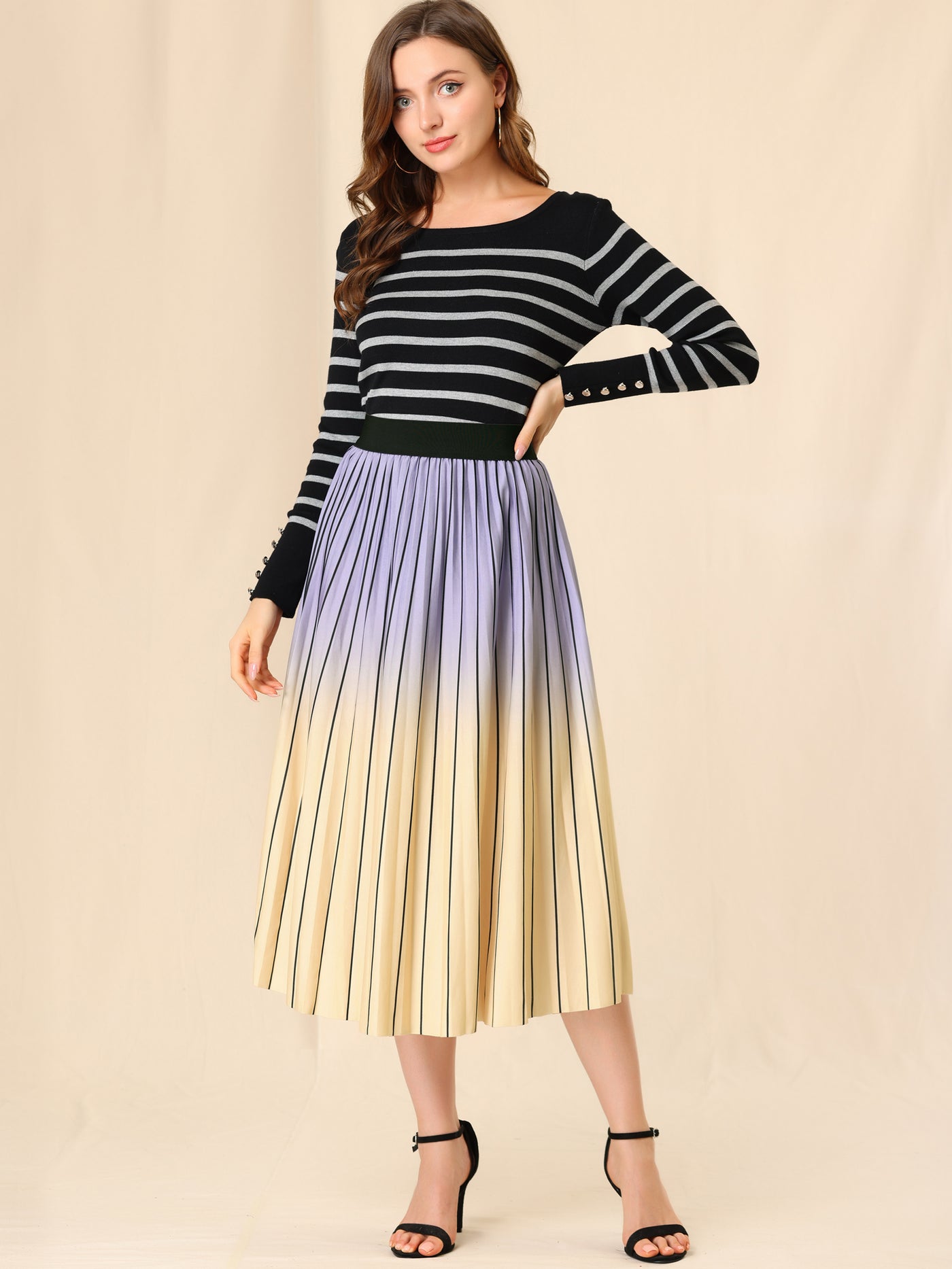 Allegra K Elastic Waist A-Line Gradient Color Accordion Pleated Midi Skirt