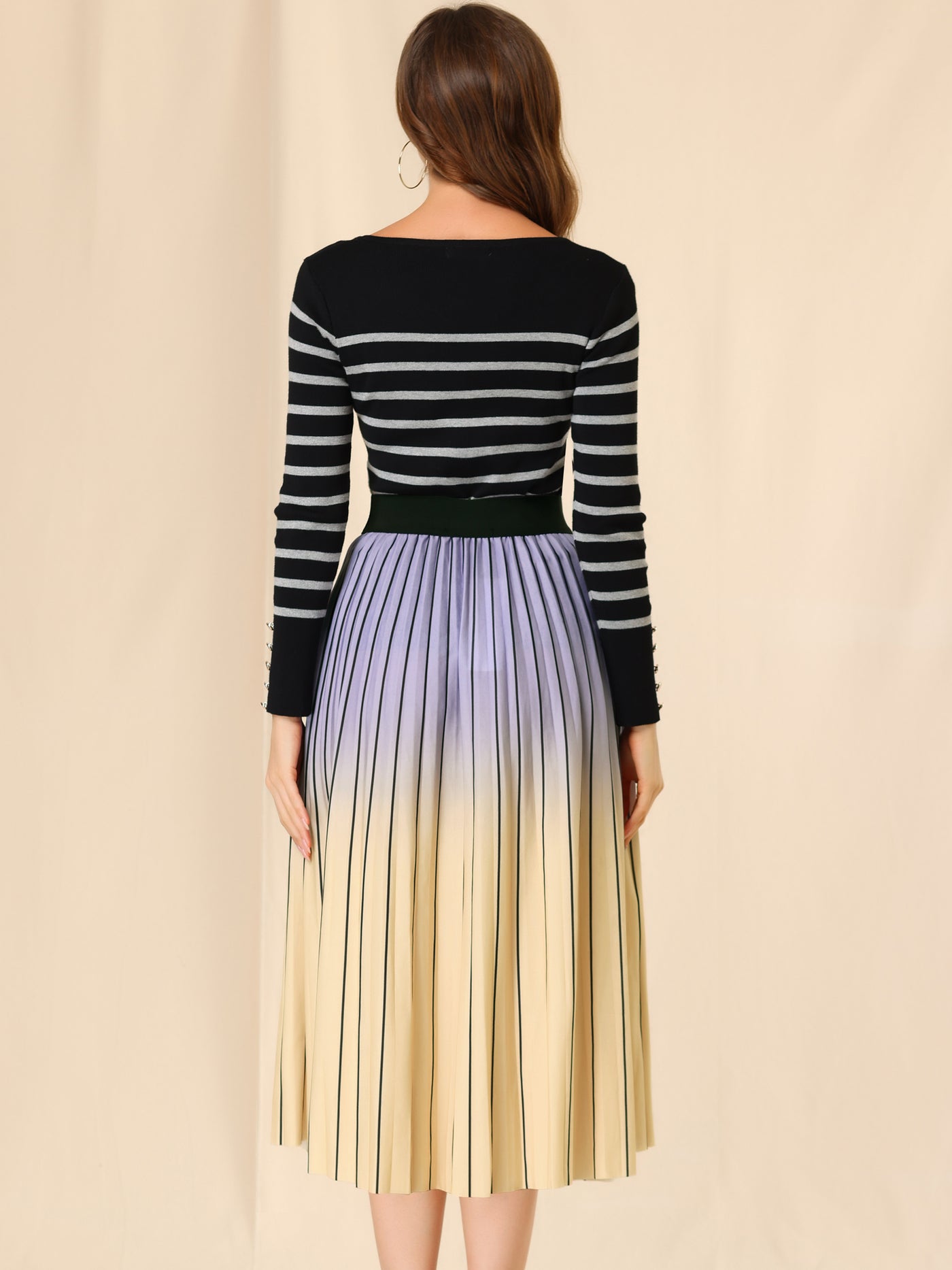 Allegra K Elastic Waist A-Line Gradient Color Accordion Pleated Midi Skirt