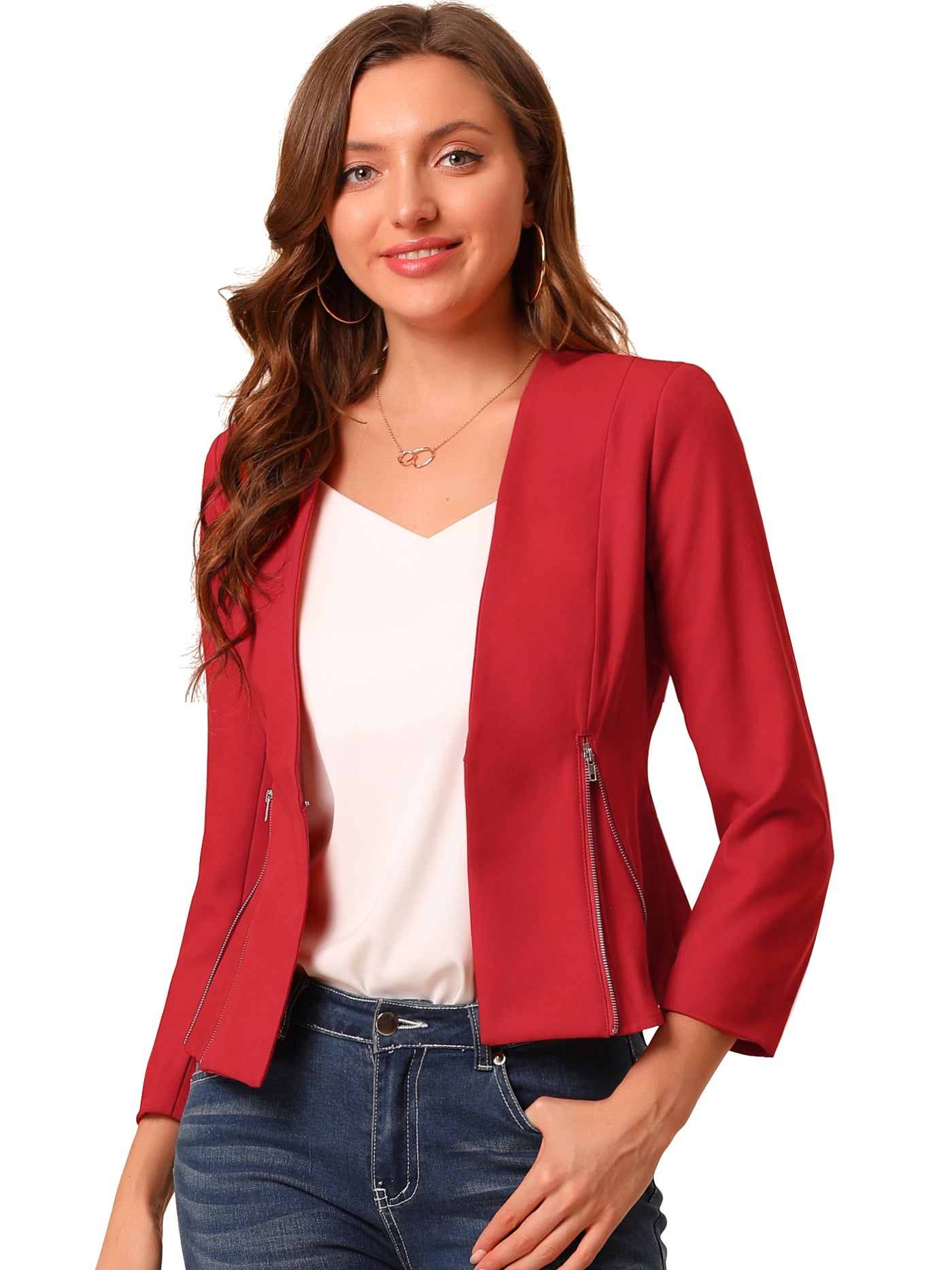 Allegra K Crop Collarless Blazers Suit Zip Decor Work Office Jacket Blazer