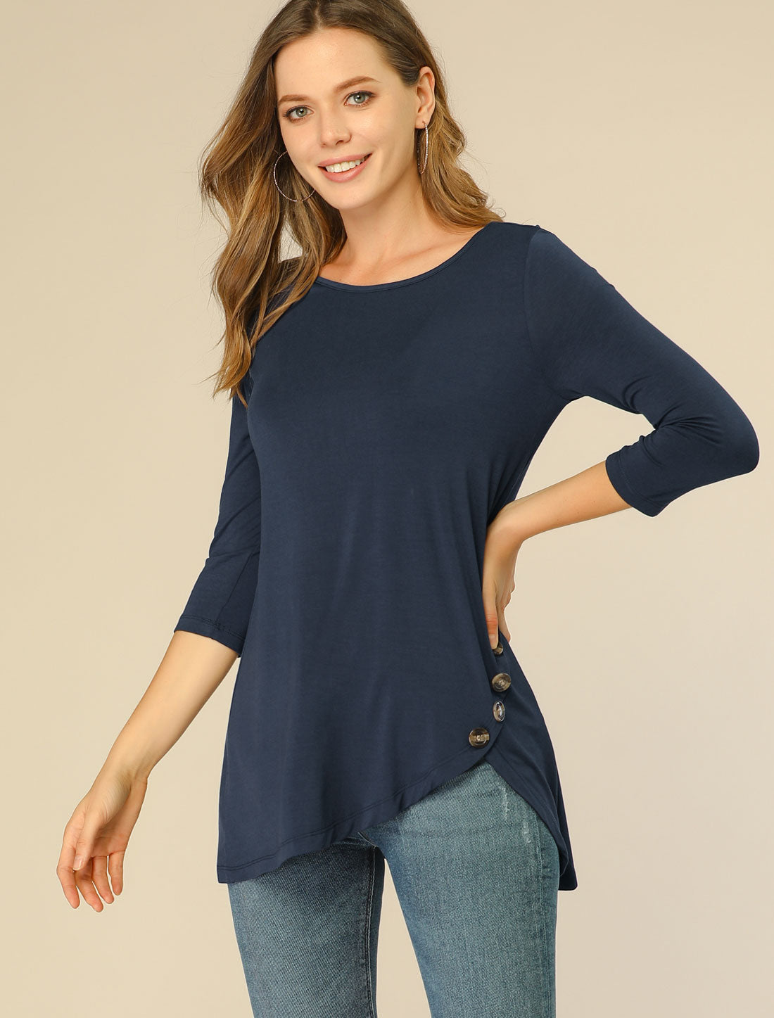 Allegra K 3/4 Sleeve Round Neck Button Decor Casual Stretchy Tunic Tops