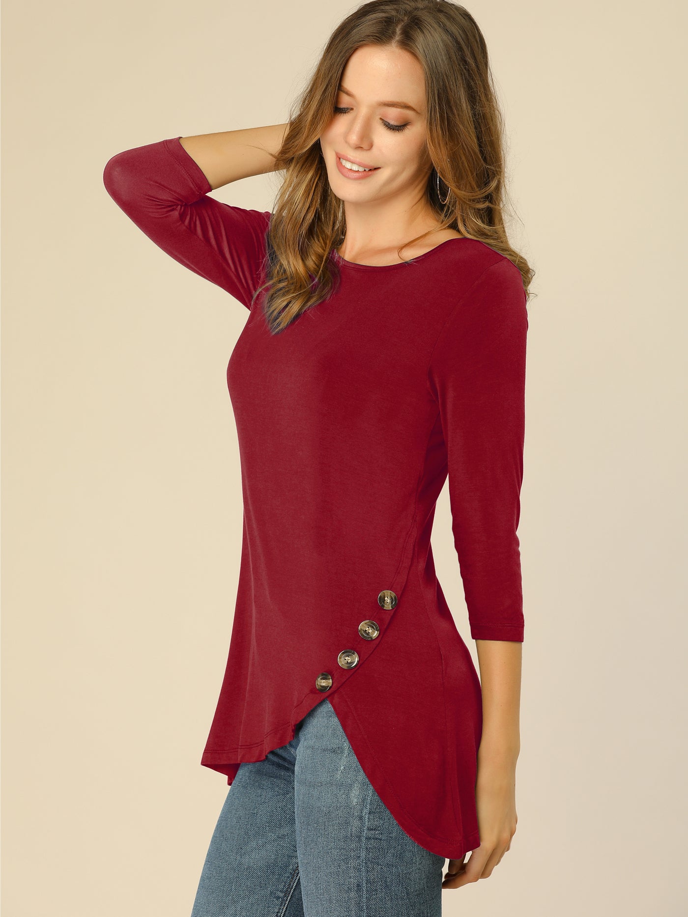 Allegra K 3/4 Sleeve Round Neck Button Decor Casual Stretchy Tunic Tops