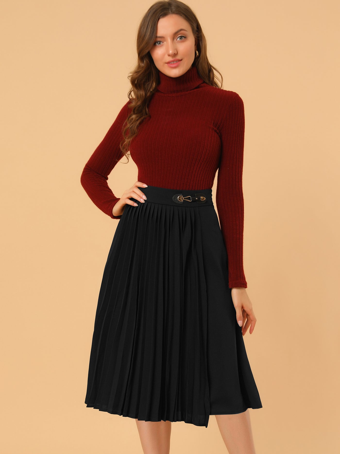Allegra K Pleated Retro High Waist Belted Decor Halloween A-line Skirt