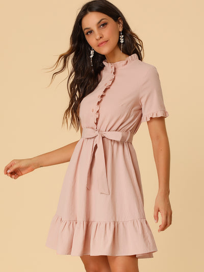 Cotton Fit and Flare Shirtdress Belted Button Front Ruffled Dress