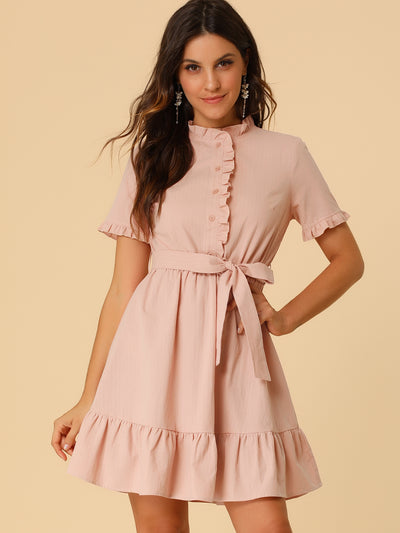 Allegra K Cotton Fit and Flare Shirtdress Belted Button Front Ruffled Dress