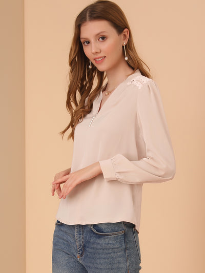 V Neck Lace Trim Tops Casual Work Office Long Sleeve Blouse