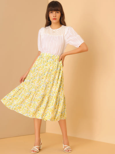Elastic Waist Ruffle Hem Boho Floral Chiffon Midi Skirt