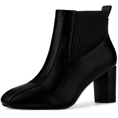 Allegra K Elastic Band Square Toe Block Heel Slip-On Chelsea Boots