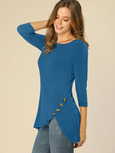Round Neck 3/4 Sleeve Button Decor Stretchy Tunic Tops