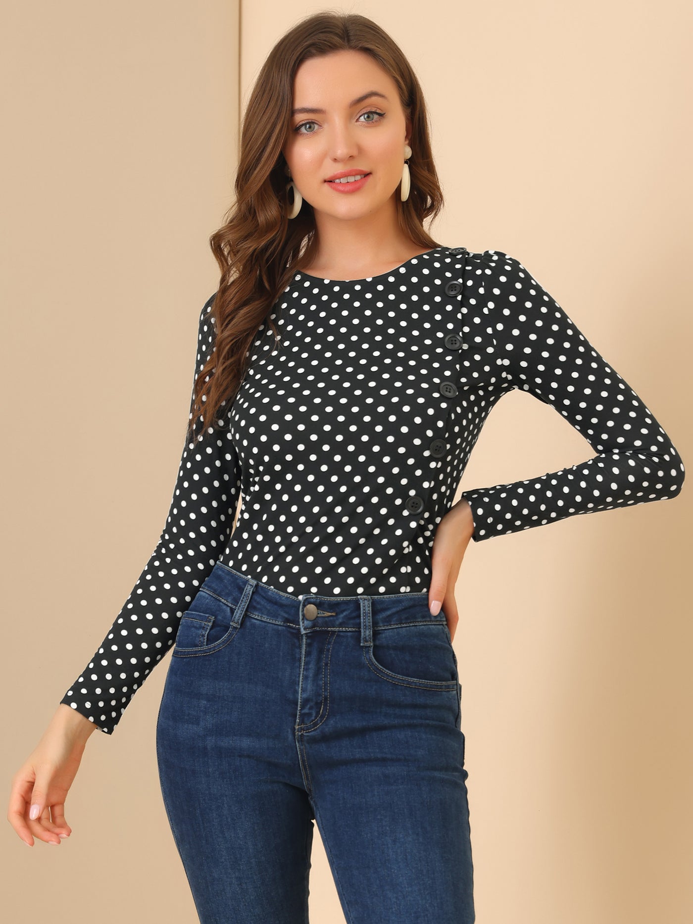 Allegra K Causal Polka Dots Blouse Round Neck Puff Long Sleeve Tops