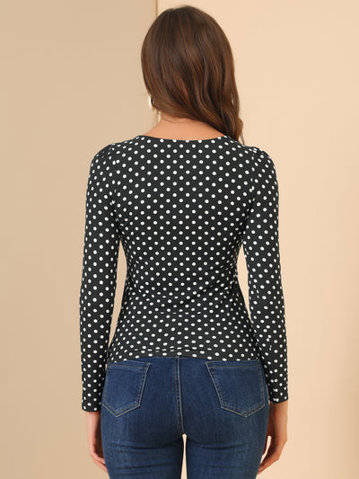 Causal Polka Dots Blouse Round Neck Puff Long Sleeve Tops