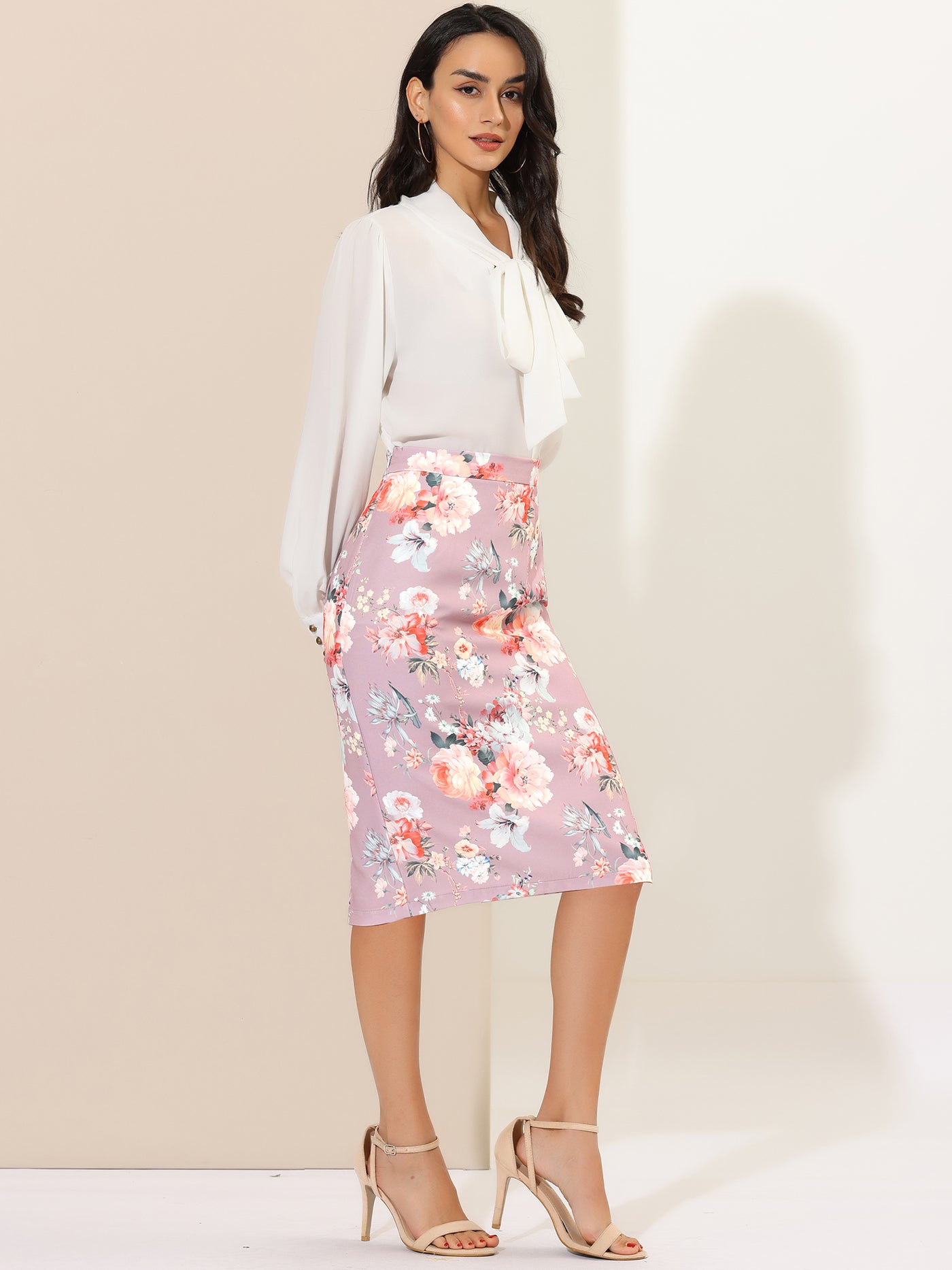 Allegra K Floral Elastic Waistband Bodycon Pencil Skirt with Back Slit