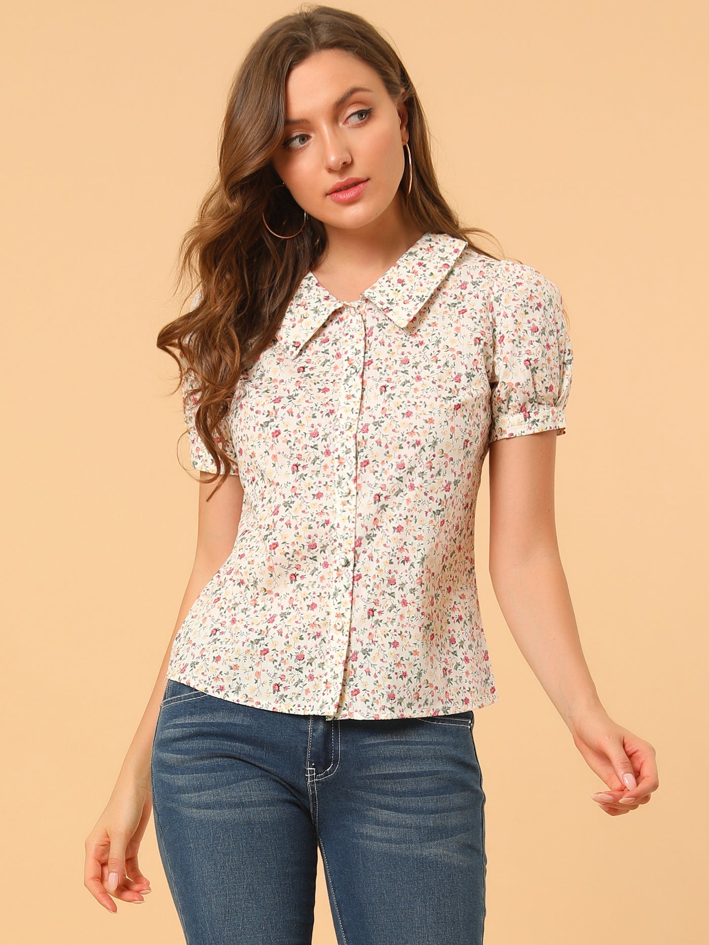 Allegra K Puff Sleeve Shirt Point Collar Top Button Down Floral Blouse