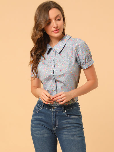 Puff Sleeve Shirt Point Collar Top Button Down Floral Blouse