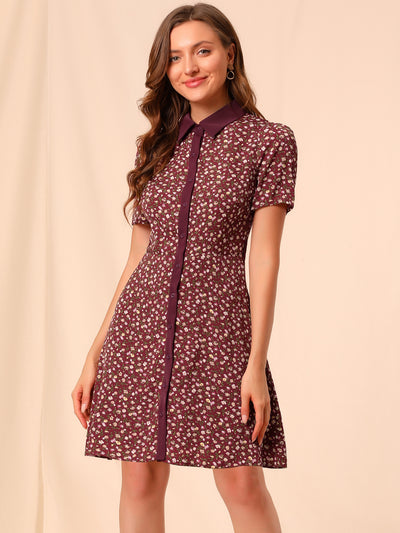 Short Sleeve Contrast Collar Belted Floral Shirt Dress