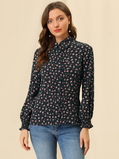 Casual Point Collar Long Sleeve Blouse Floral Button Down Shirt