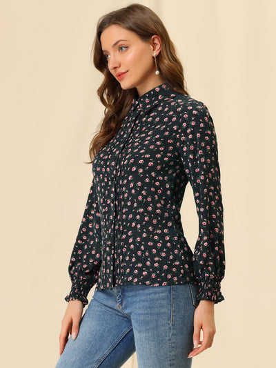 Casual Point Collar Long Sleeve Blouse Floral Button Down Shirt