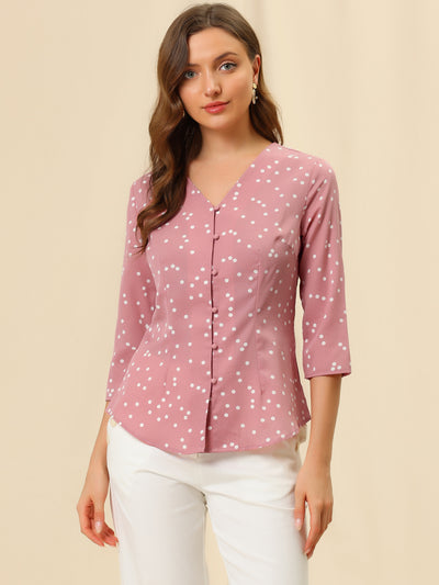 Polka Dots 3/4 Sleeve Button Front Vintage Office Blouse Top