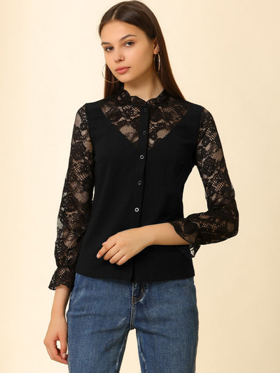 Lace Panel Floral Ruffle Work Office Button Up Shirt