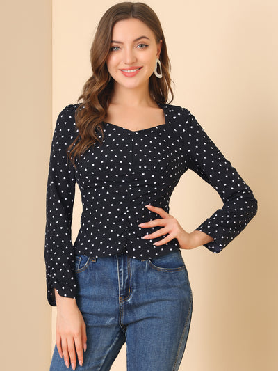 Long Sleeve Sweetheart Neck Fitted Ruched Front Heart Print Blouse