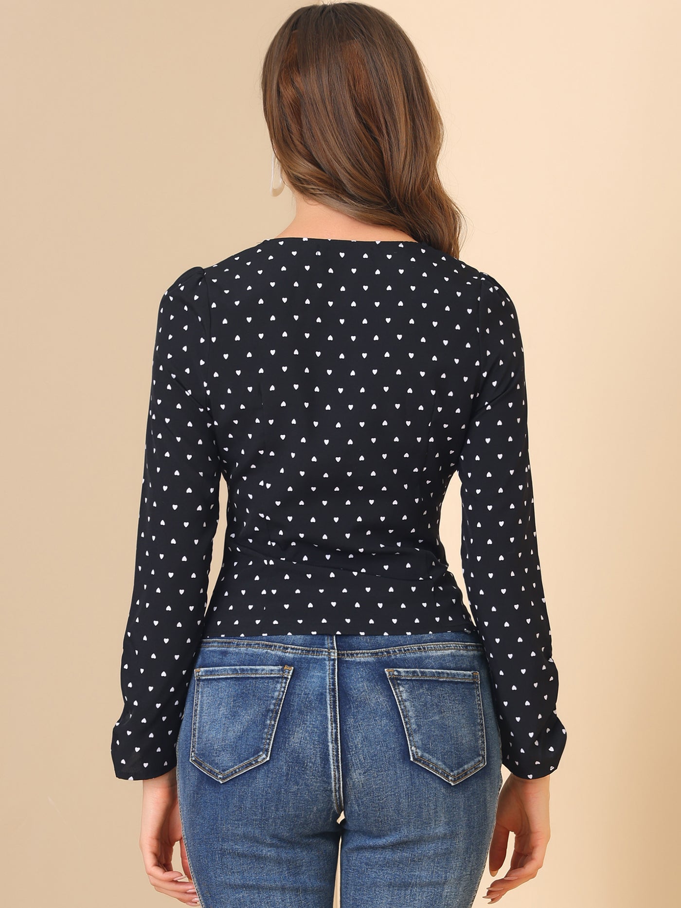 Allegra K Long Sleeve Sweetheart Neck Fitted Ruched Front Heart Print Blouse