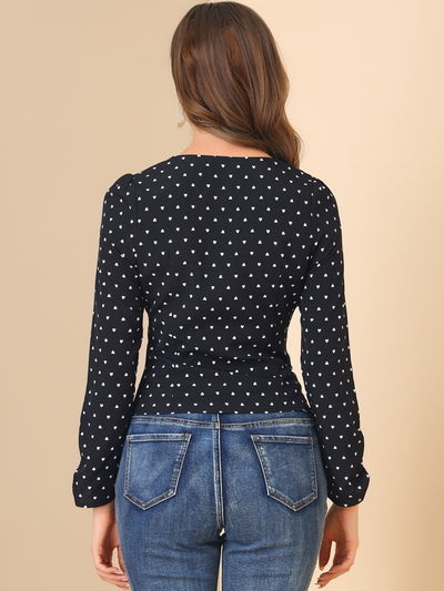Long Sleeve Sweetheart Neck Fitted Ruched Front Heart Print Blouse