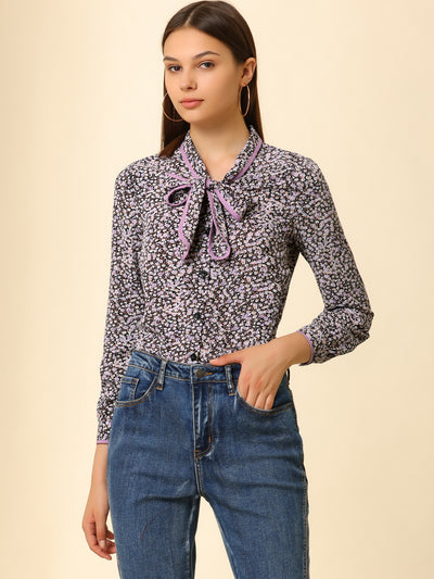 Tie Neck Long Sleeve Button Front Ditsy Floral Blouse