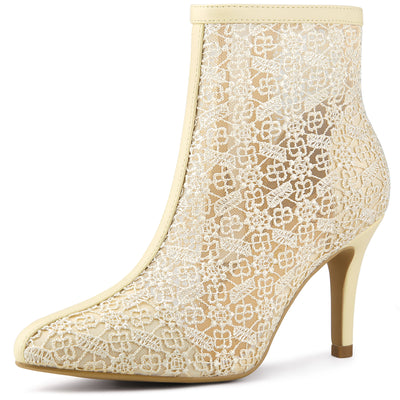 Allegra K Lace Mesh Floral Embroidered Stiletto Heel Ankle Boots