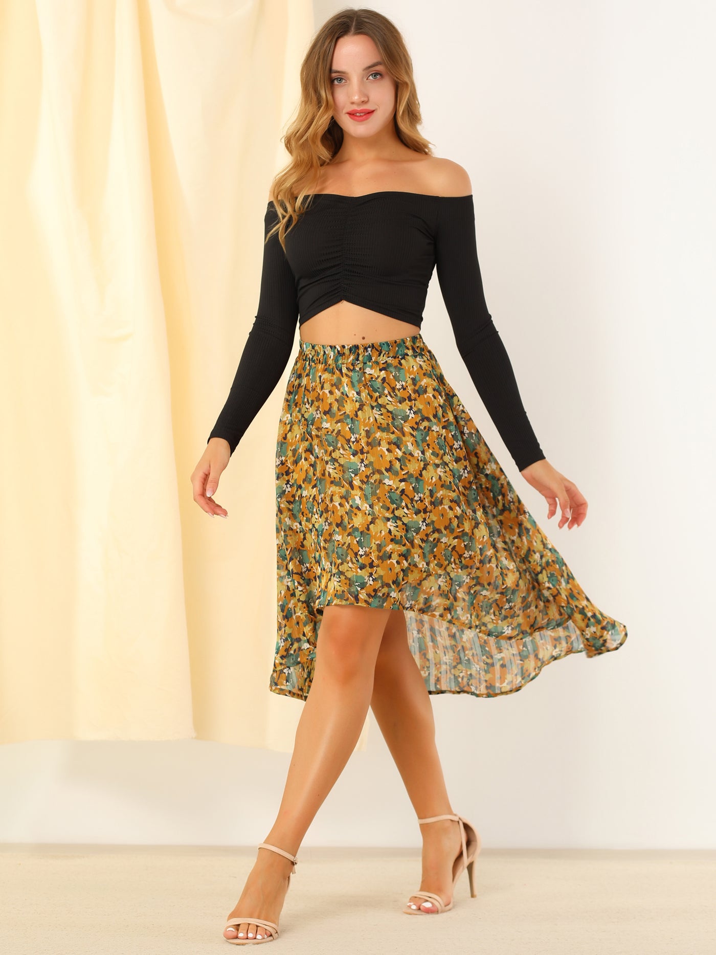 Allegra K High Low Hem Elastic Waist Lurex Chiffon A-Line Midi Floral Skirt