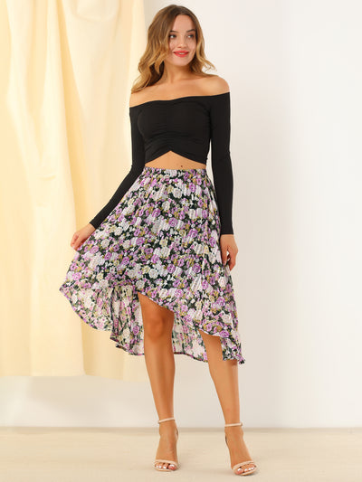High Low Hem Elastic Waist Lurex Chiffon A-Line Midi Floral Skirt